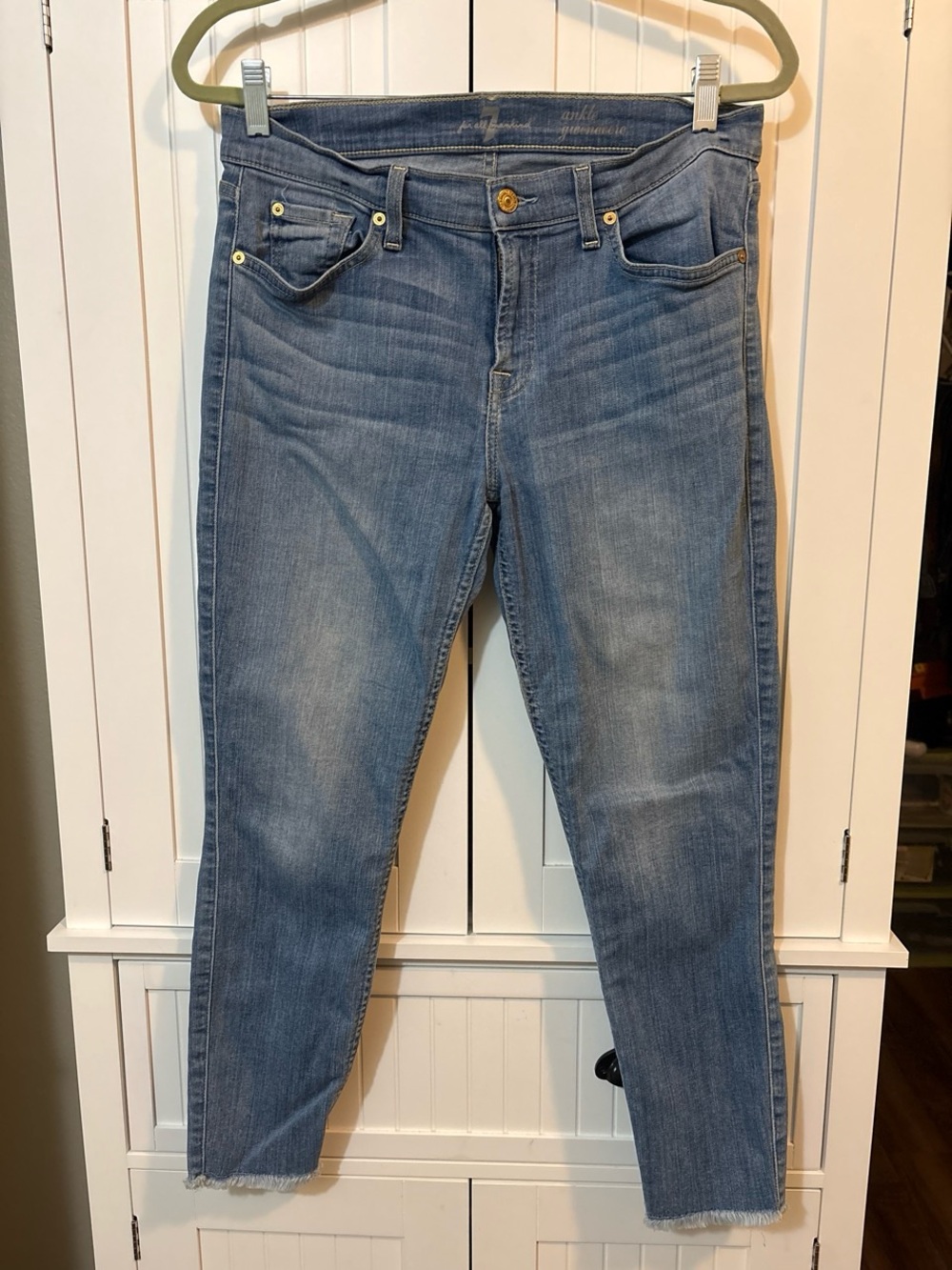 Y2K 7 For All Mankind Sz 30 Light Wash Ankle Skinny Jeans Raw Hem Cropped Denim